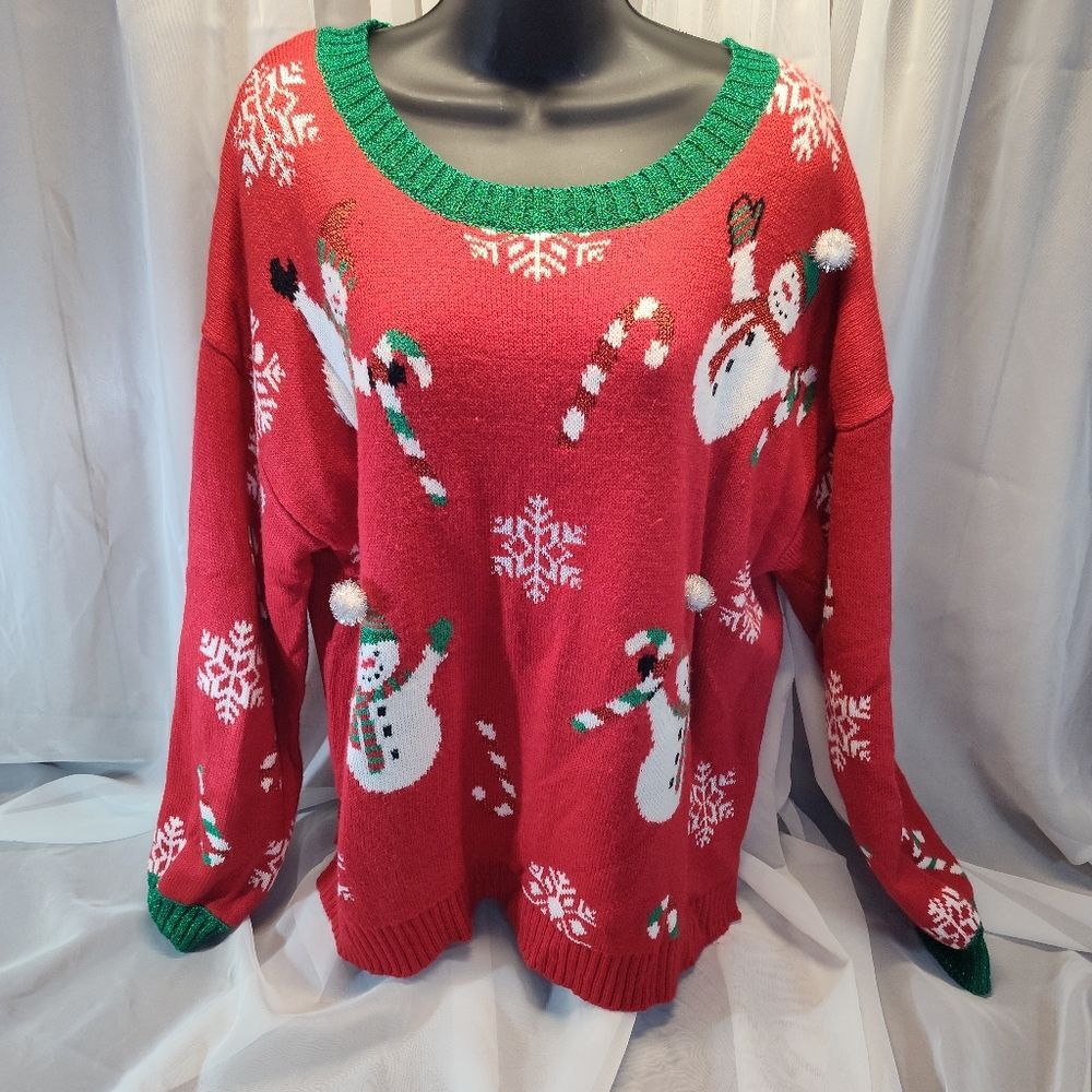 99 Jane Street Christmas Sweater Large Red & Green Sparkly Santa Candy Cane Poms